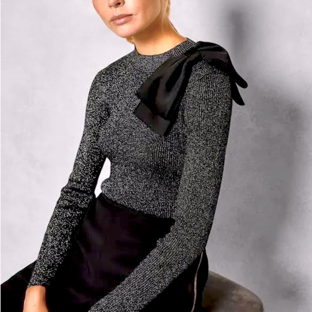Ted Baker ribbed Silver & Black Crewneck long sleeve detachable SILK BOW Sz 1 S